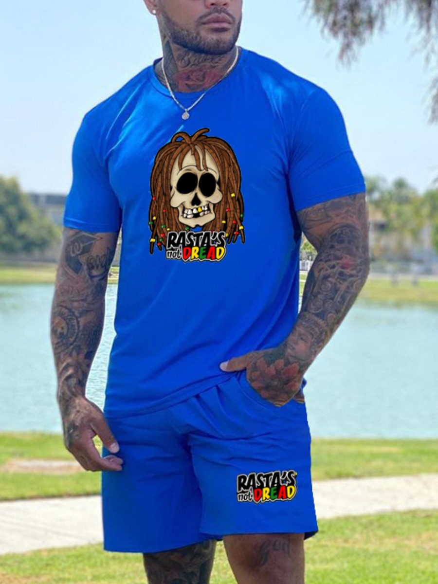 

Lovely Men Street Skull Head Letter Print Blue Two Piece Shorts Set