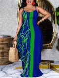 LW Plus Size Striped Print Patchwork Deep Blue Floor Length Dress