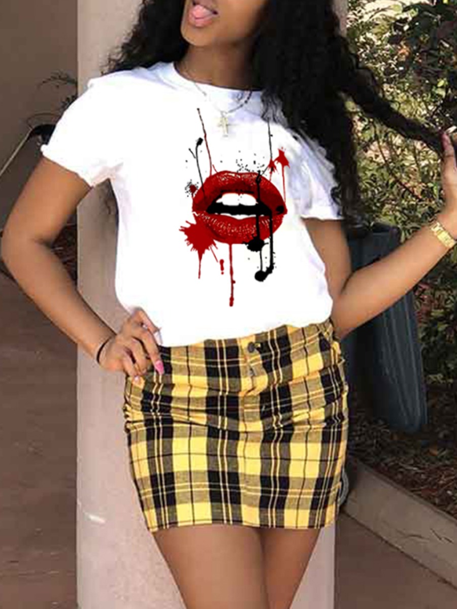 

Lovely Street O Neck Lip Print White T-shirt