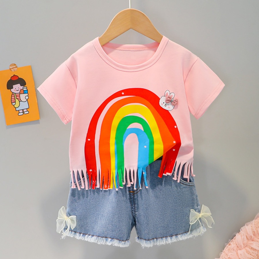 

Lovely Girl Casual Rainbow Stripe Tassel Design Pink Two Piece Shorts Set