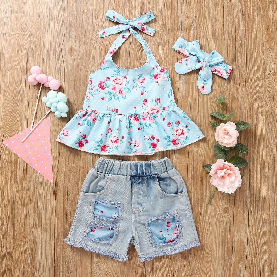 

Lovely Girl Sweet Floral Print Flounce Design Baby Blue Two Piece Shorts Set