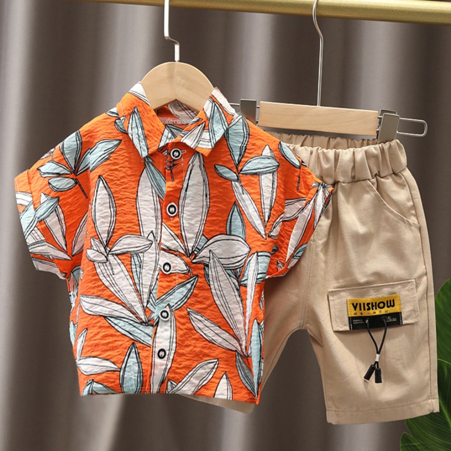 

Lovely Boy Boho Turndown Collar Floral Print Jacinth Two Piece Shorts Set