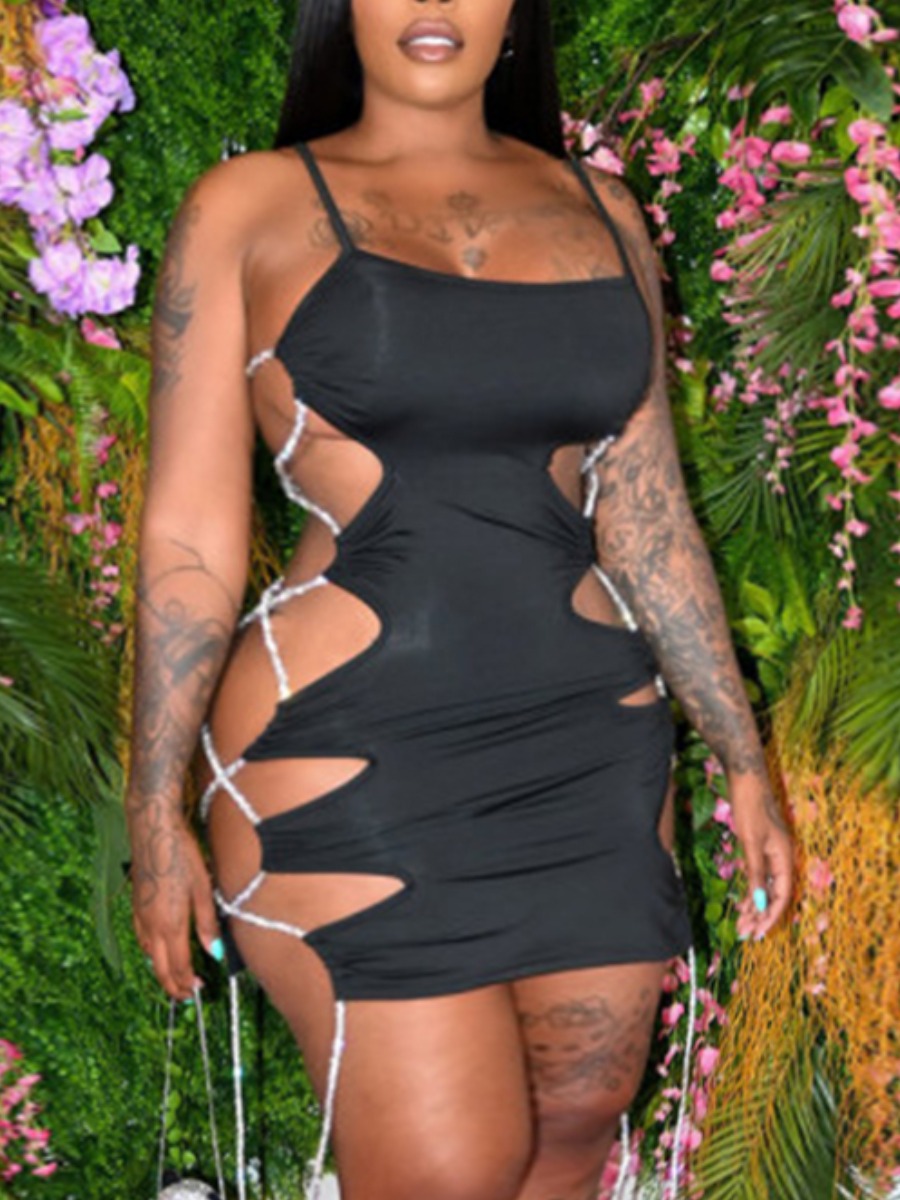 

Lovely Plus Size Sexy Bandage Hollow-out Design Black Mini Dress