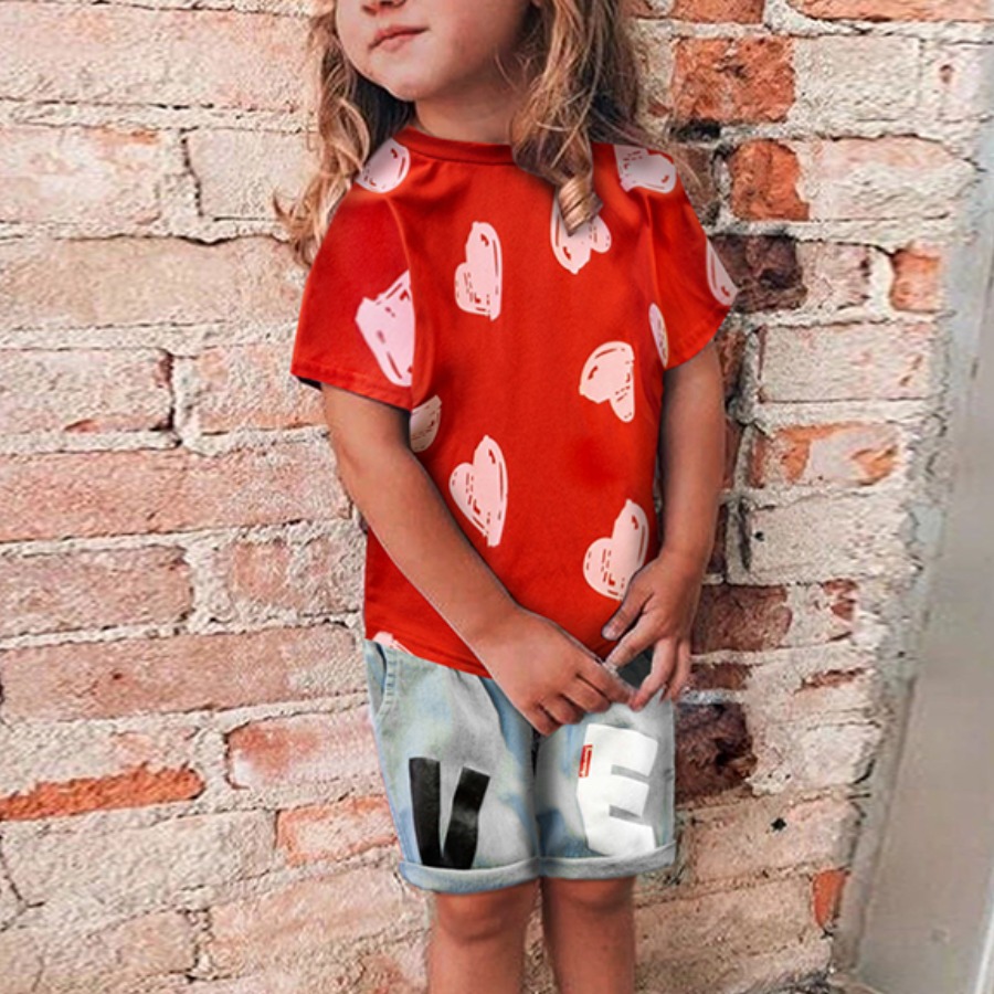 

Lovely Girl Casual Heart-shaped Letter Print Red Two Piece Shorts Set