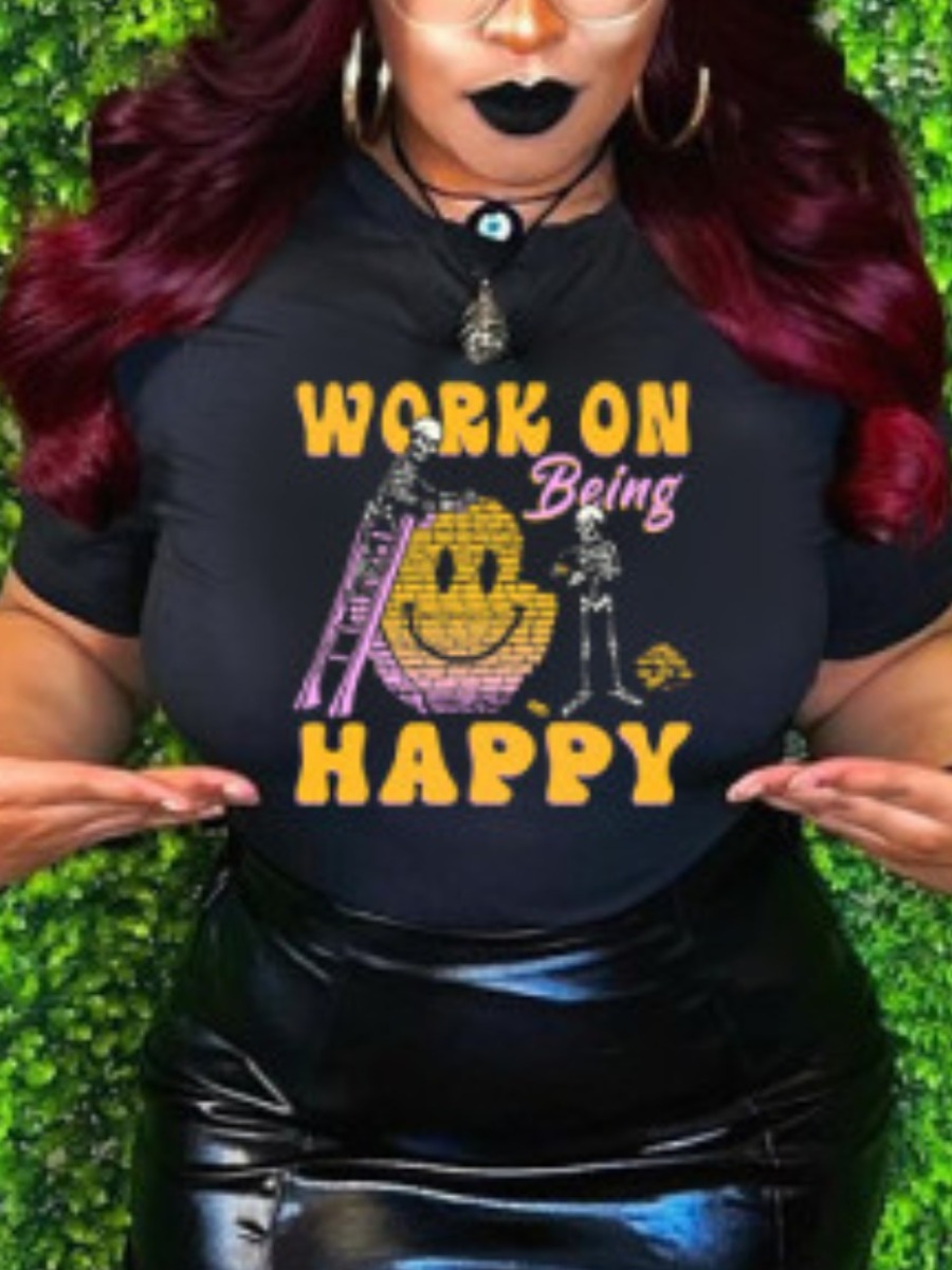 

Lovely Plus Size Street Cartoon Letter Print Black T-shirt