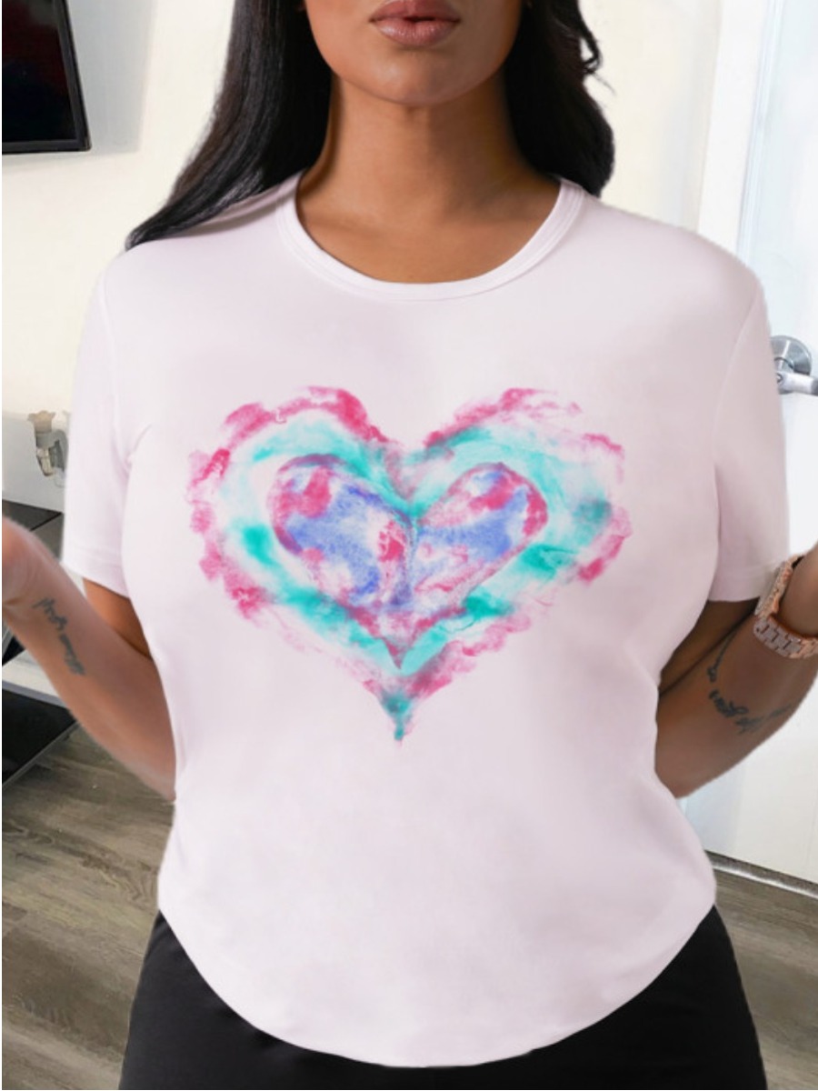 

Lovely Plus Size Casual O Neck Tie-dye White T-shirt