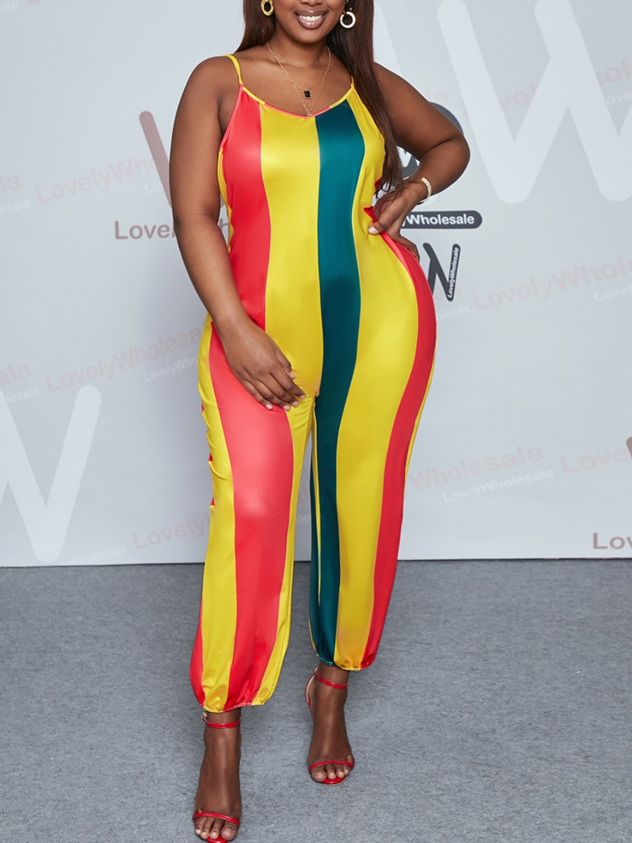 

Lovely Plus Size Street Striped Patchwork Multicolor One-piece Jumpsuit, Multicolor mstn