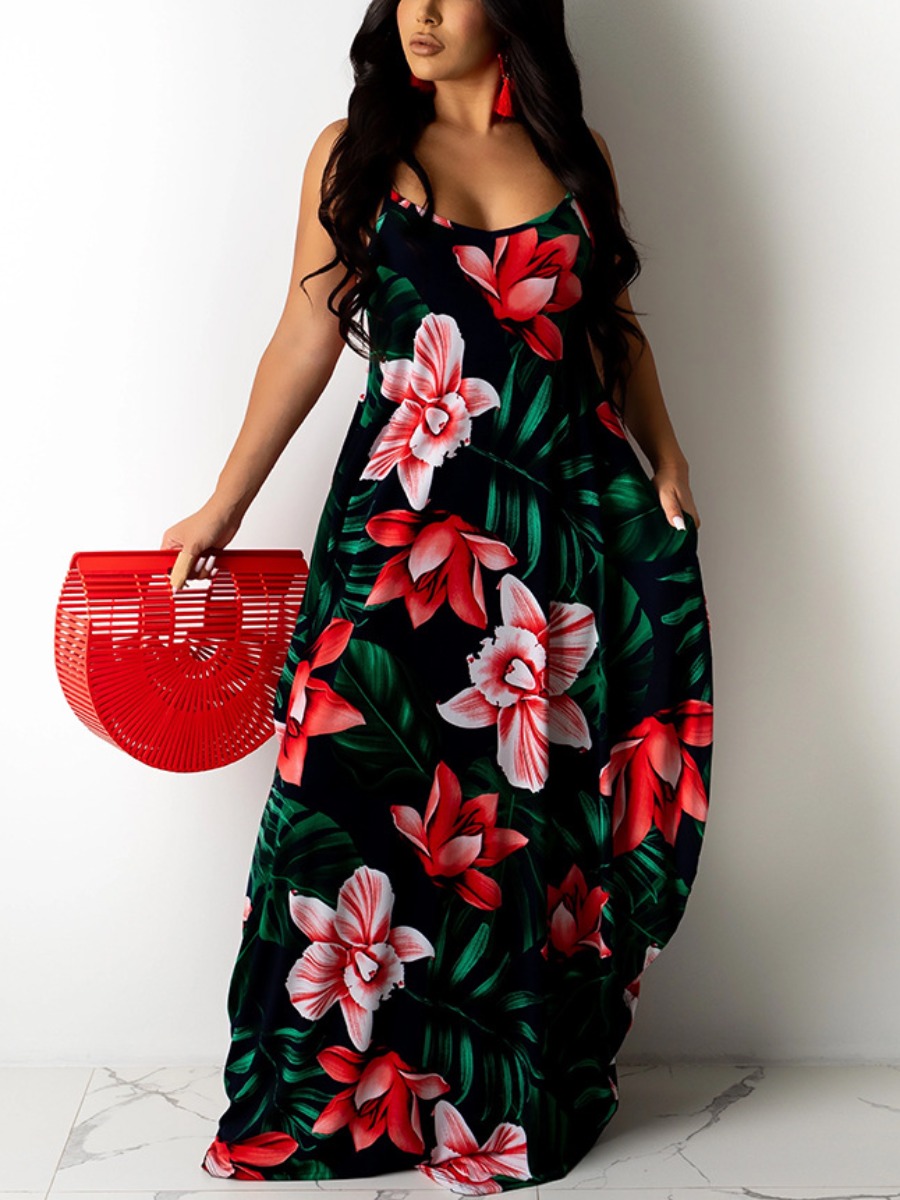 

Lovely Boho Floral Print Pocket Design Black Floor Length Dress