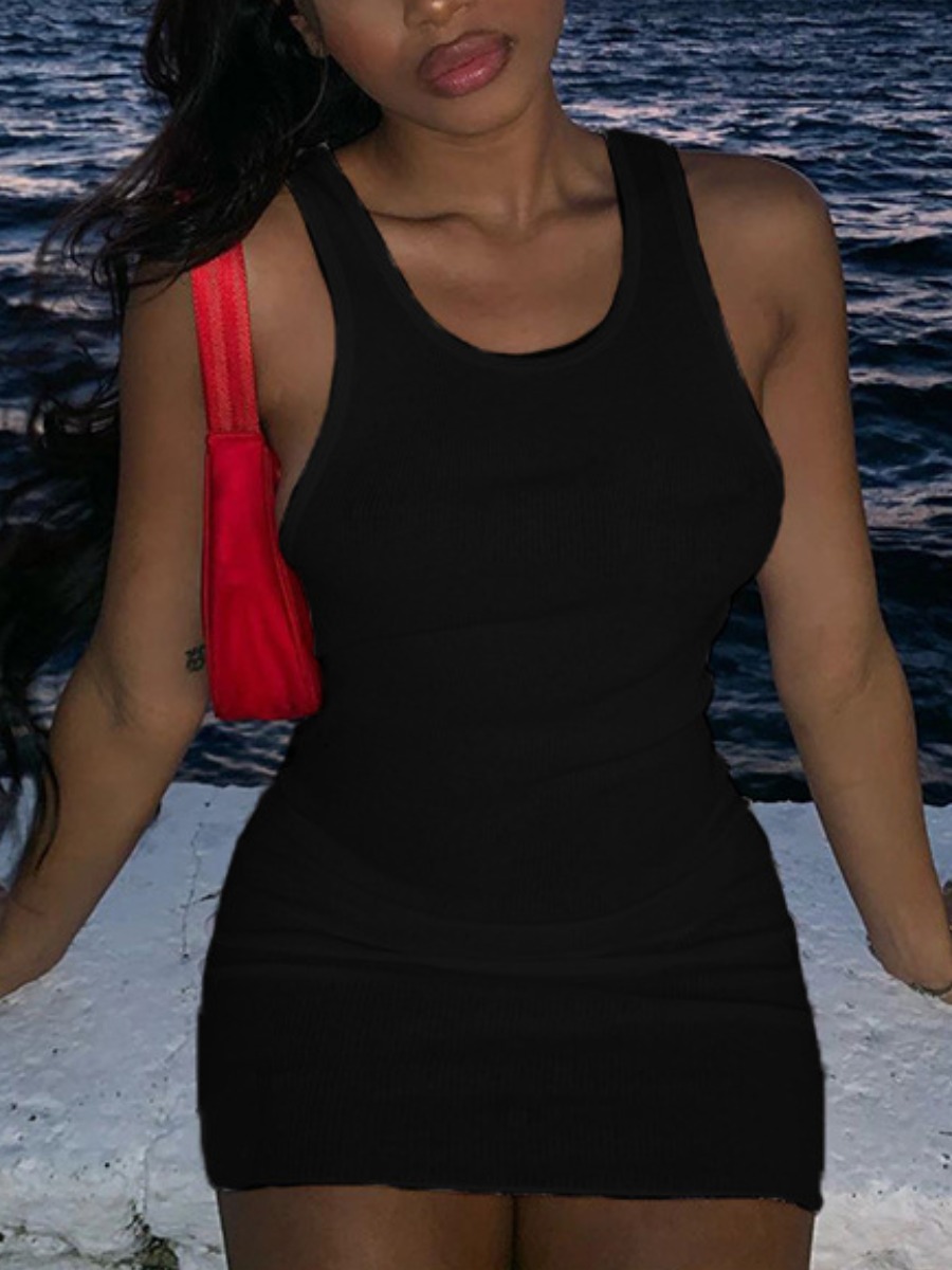 

Lovely Casual U Neck Basic Skinny Black Mini Dress