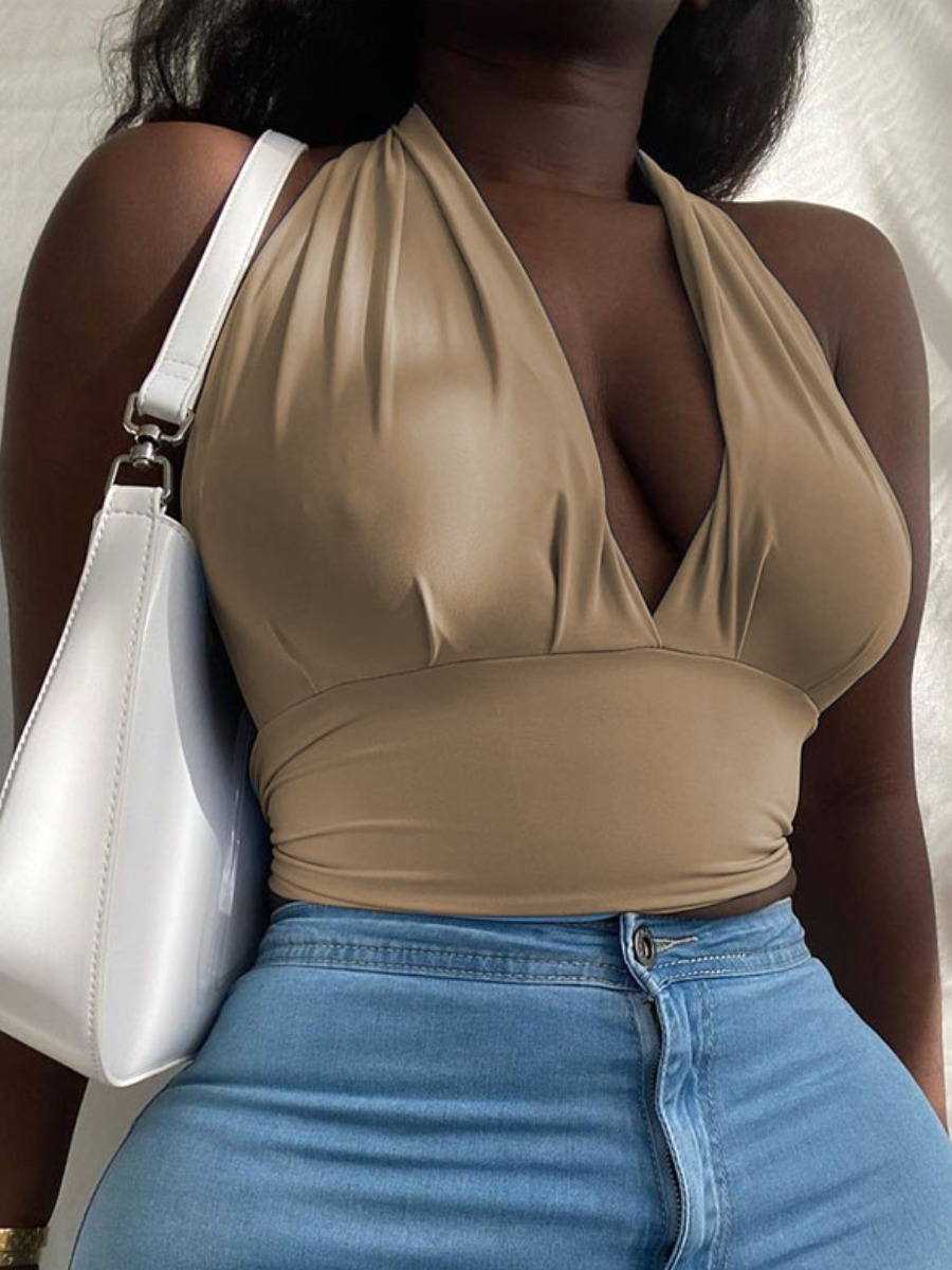 

LW Sexy Backless Bandage Design Khaki Camisole