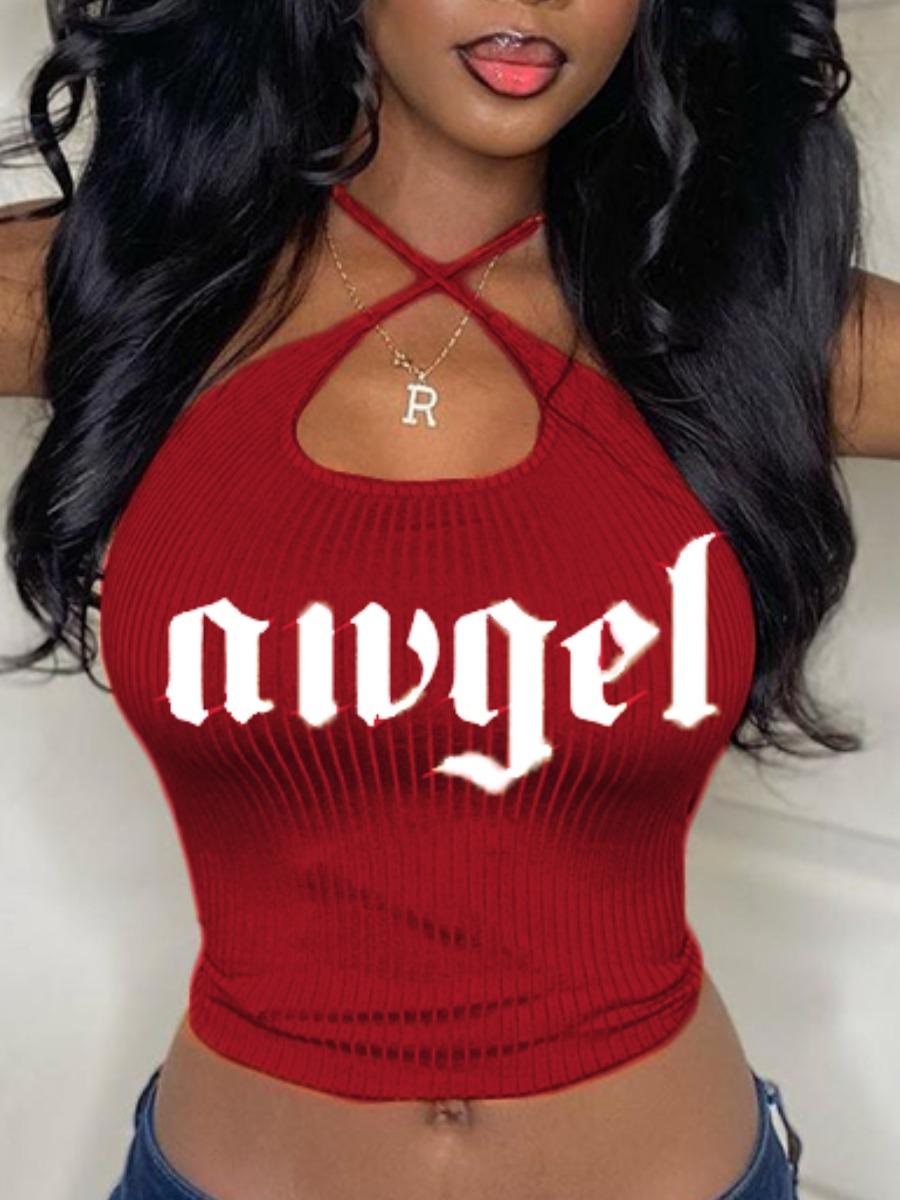 

Lovely Street Rib-Knit Letter Print Wine Red Camisole