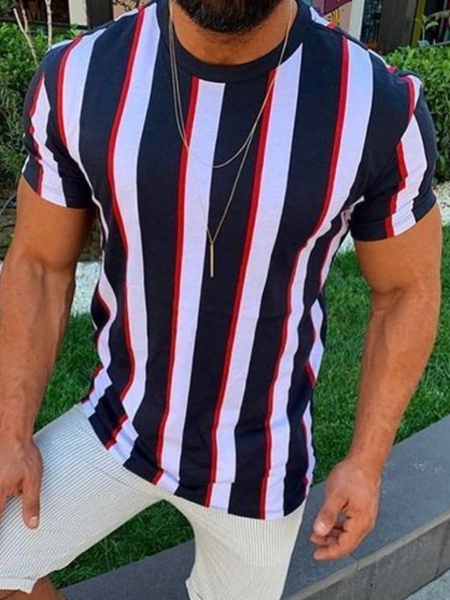 LovelyWholesale Men Casual O Neck Striped Deep Blue T-shirt Summer Short Sleeve Casual Patchwork Round Neck Spring Summer 2024