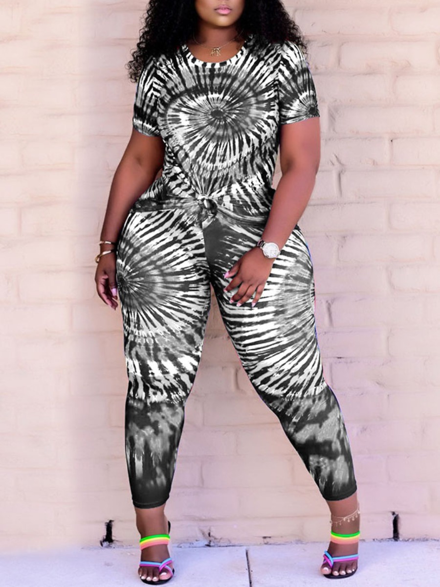 

Lovely Plus Size Casual O Neck Tie-dye Black Two-piece Pants Set