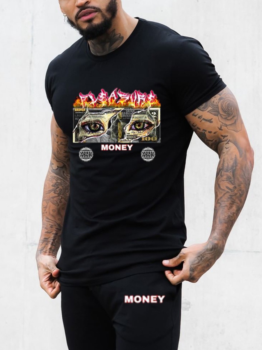 

Lovely Men Casual Letter Flame Print Black Two Piece Shorts Set