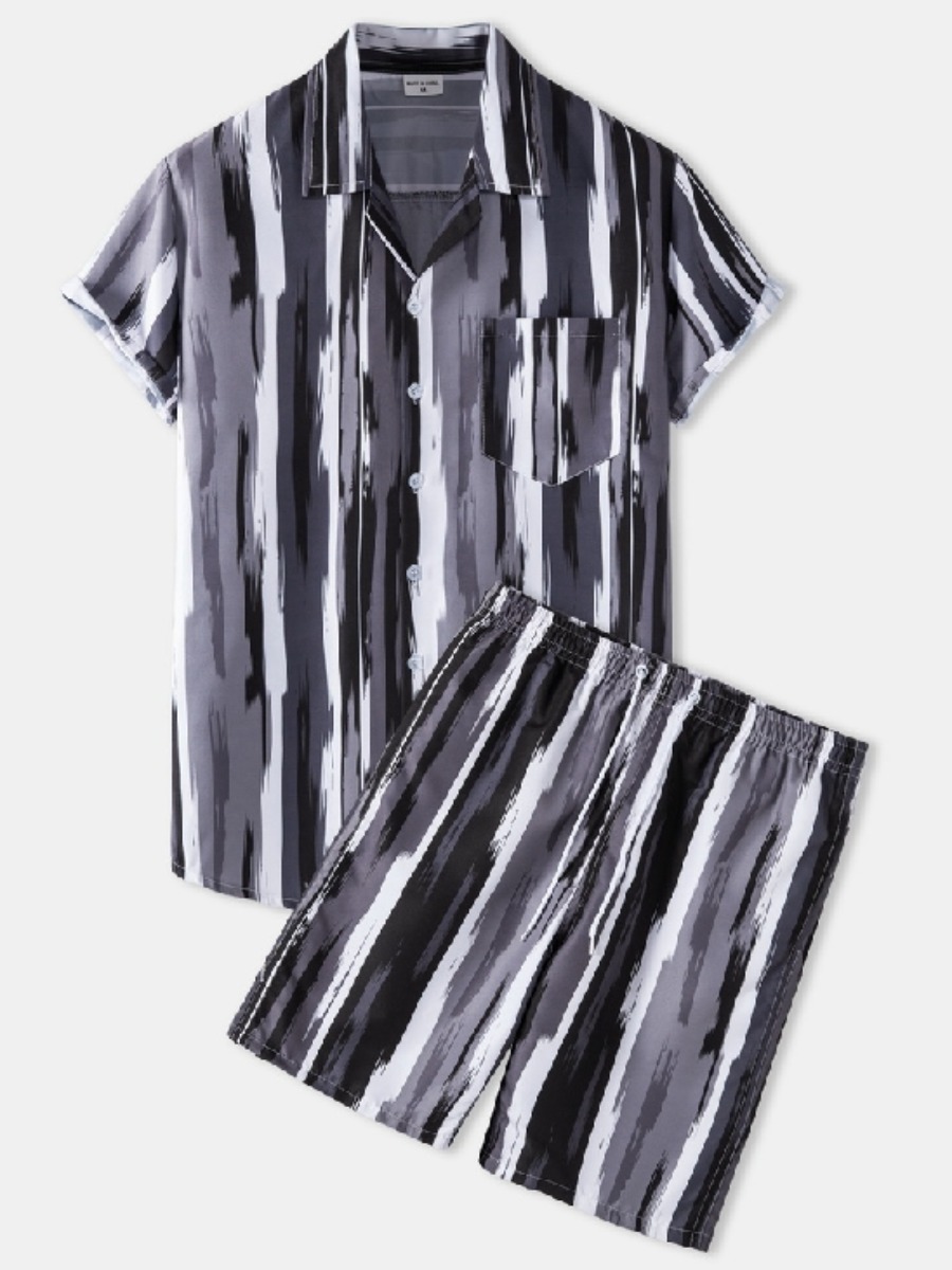 

LW COTTON Men Casual Turndown Collar Striped Grey Two Piece Shorts Set