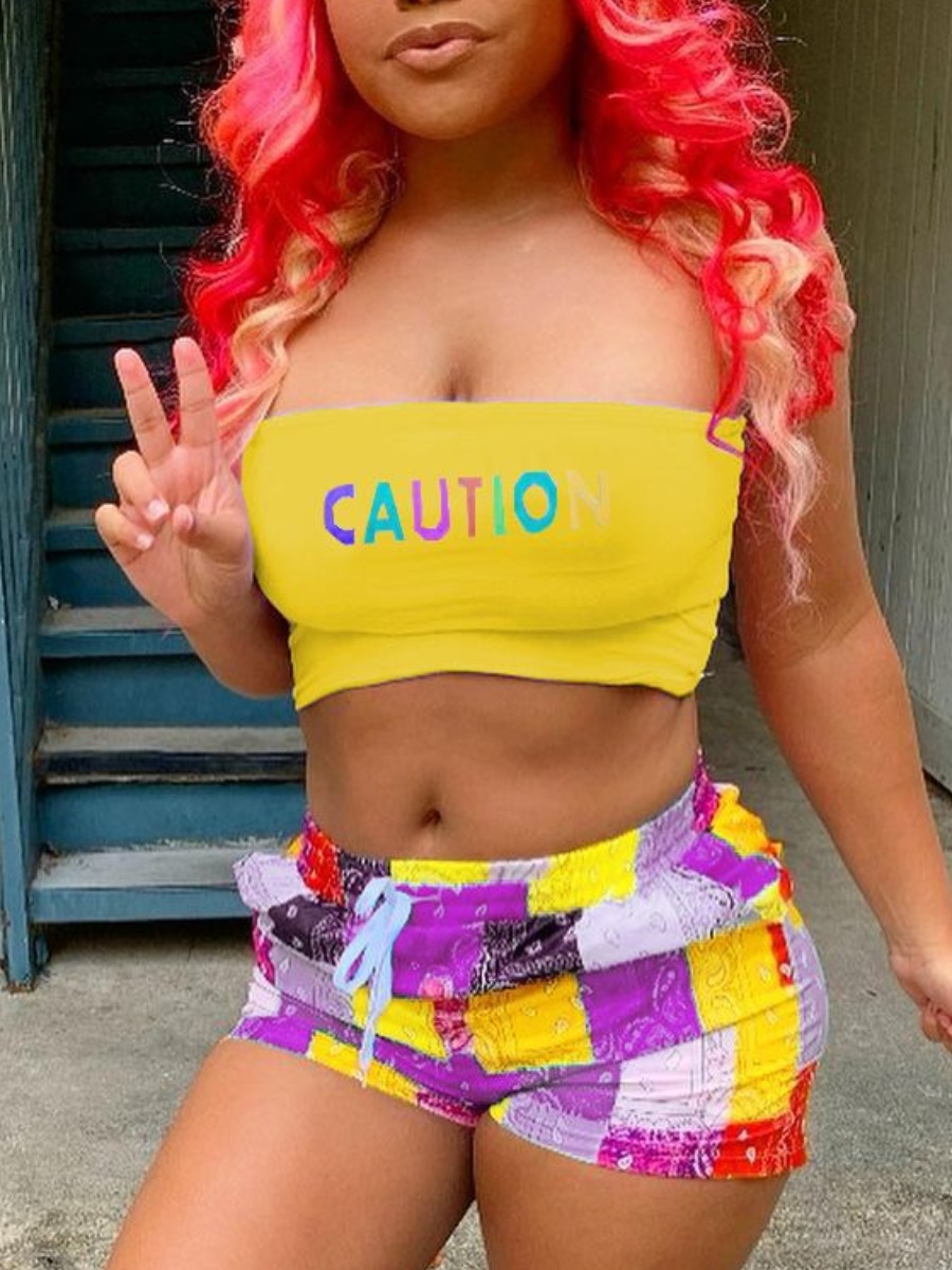 

LW Street Off The Shoulder Letter Print Drawstring Yellow Two Piece Shorts Set