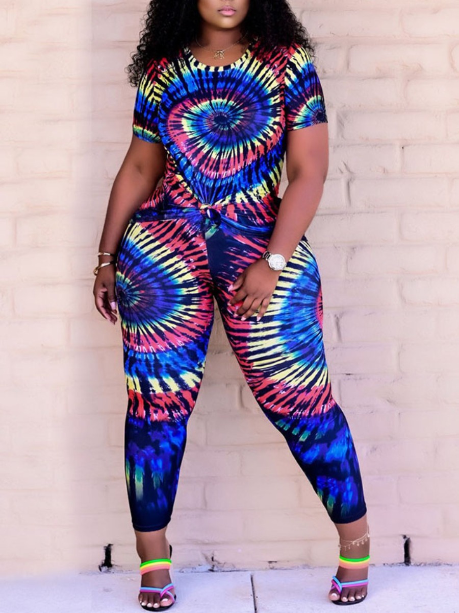 

Lovely Plus Size Casual O Neck Tie-dye Yellow Two-piece Pants Set