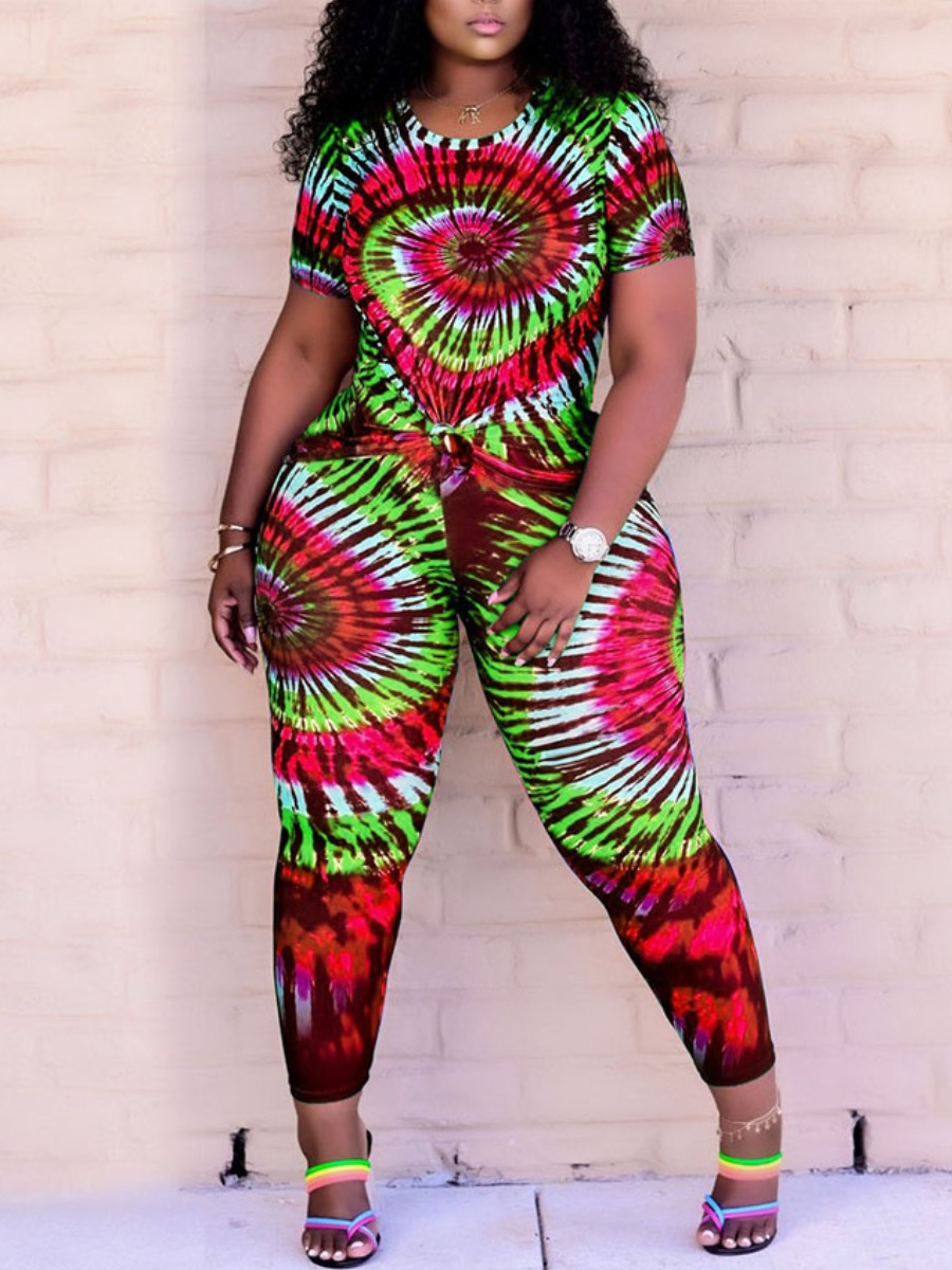 

Lovely Plus Size Casual O Neck Tie-dye Red Two-piece Pants Set