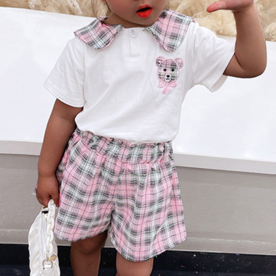 

Lovely Casual Cartoon Plaid Print Pink Two Piece Shorts Set