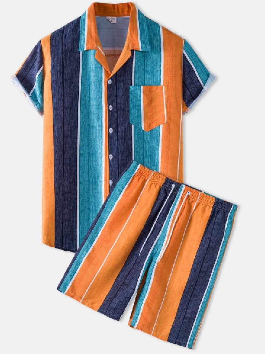 

Lovely Men Casual Striped Drawstring Blue Two Piece Shorts Set