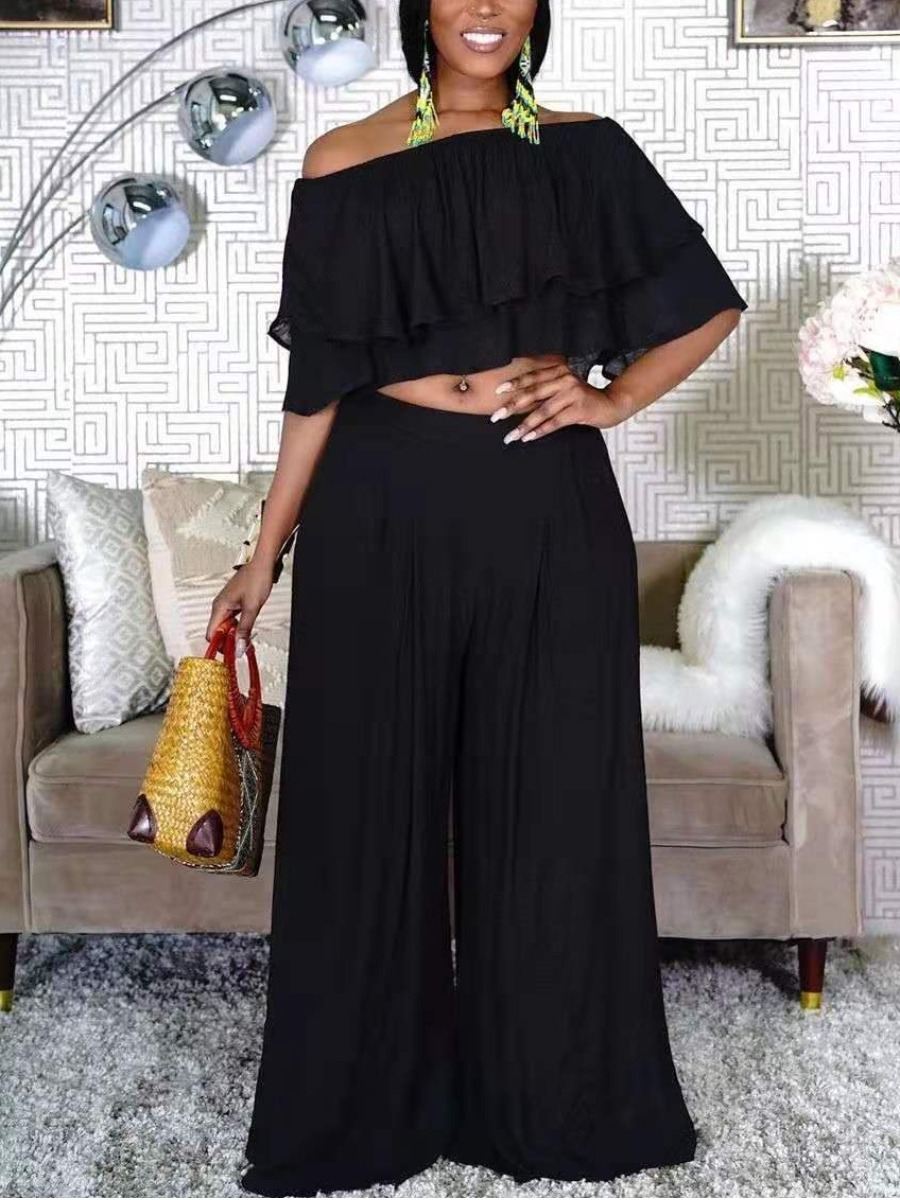 

Lovely Plus Size Casual Fold-over Flounce Design Black Two-piece Pants Set