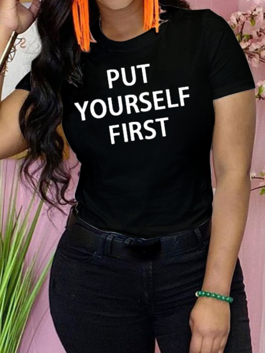 

Lovely Casual O Neck Letter Print Black T-shirt