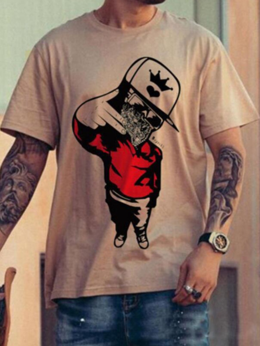 

Lovely Men Casual O Neck Cartoon Print Pink T-shirt