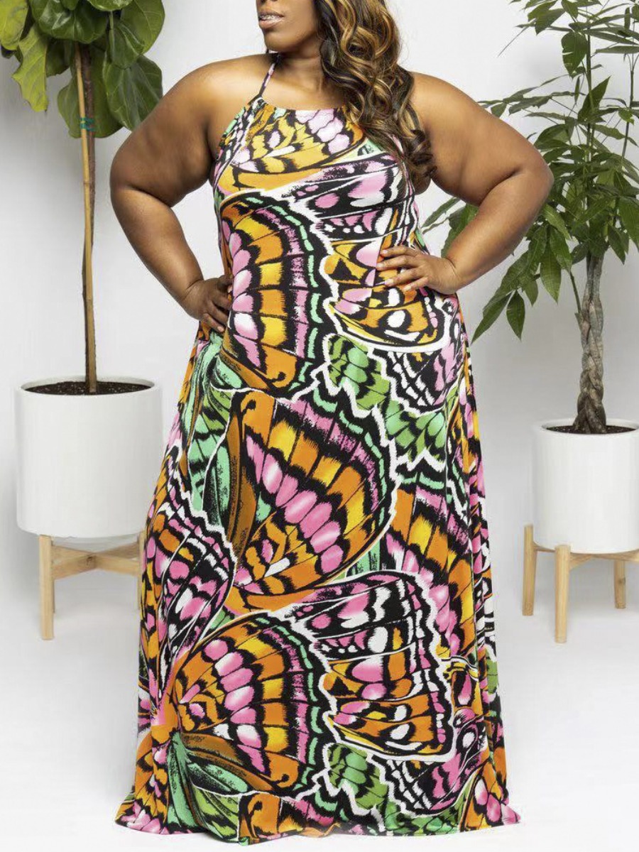 

Lovely Plus Size Boho Backless Butterfly Print Multicolor Floor Length Dress, Multi