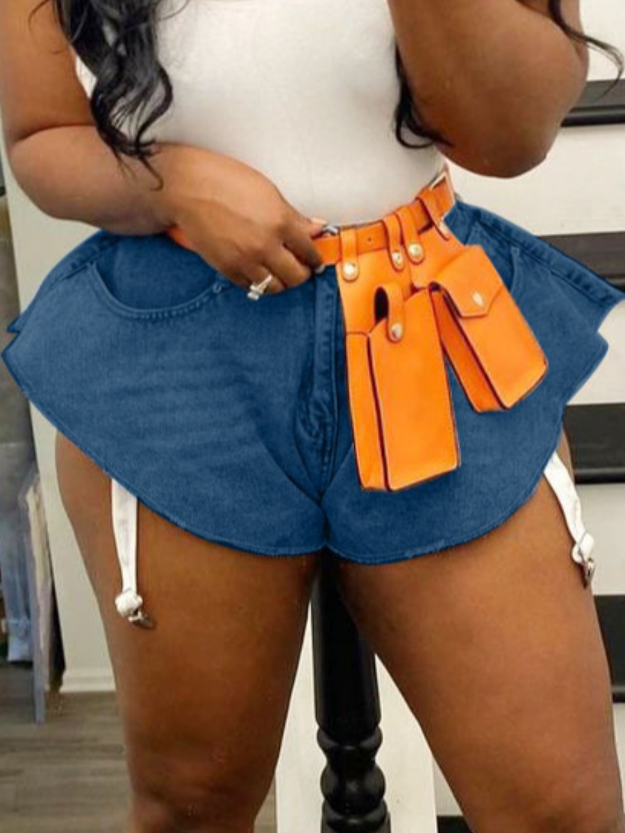 

Lovely Street Mid Waist Raw Edge Blue Denim Shorts