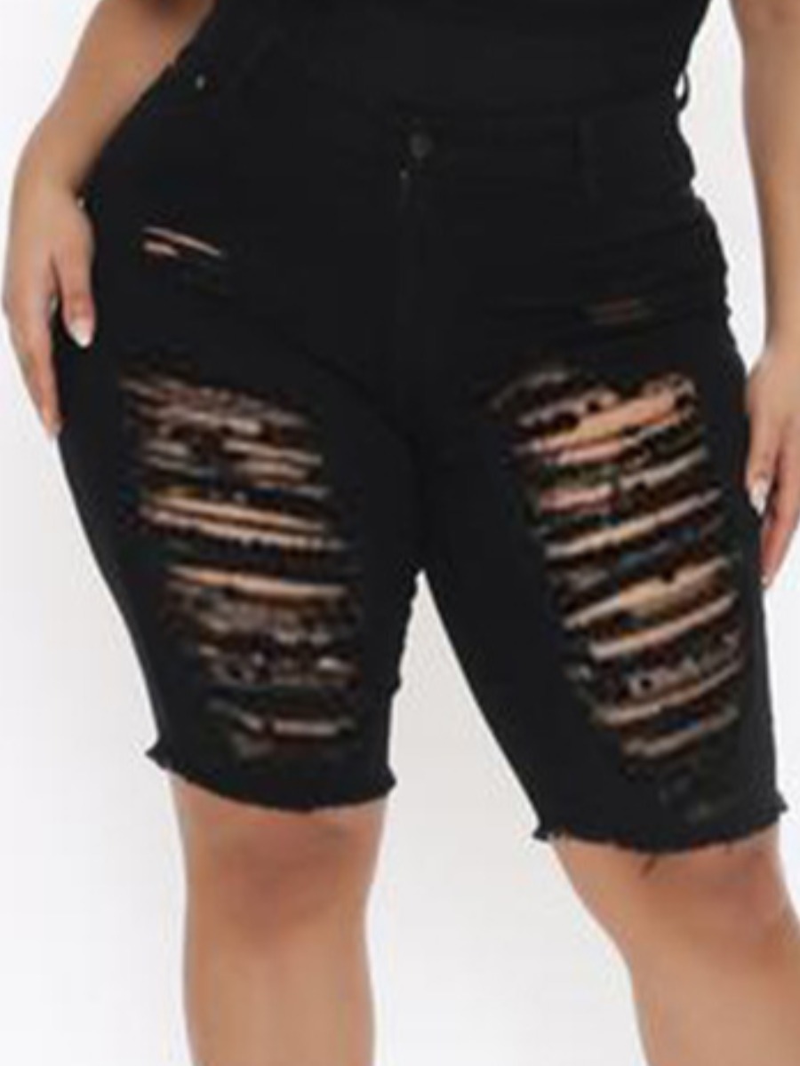 

Lovely Plus Size Street High-waisted Ripped Black Denim Shorts