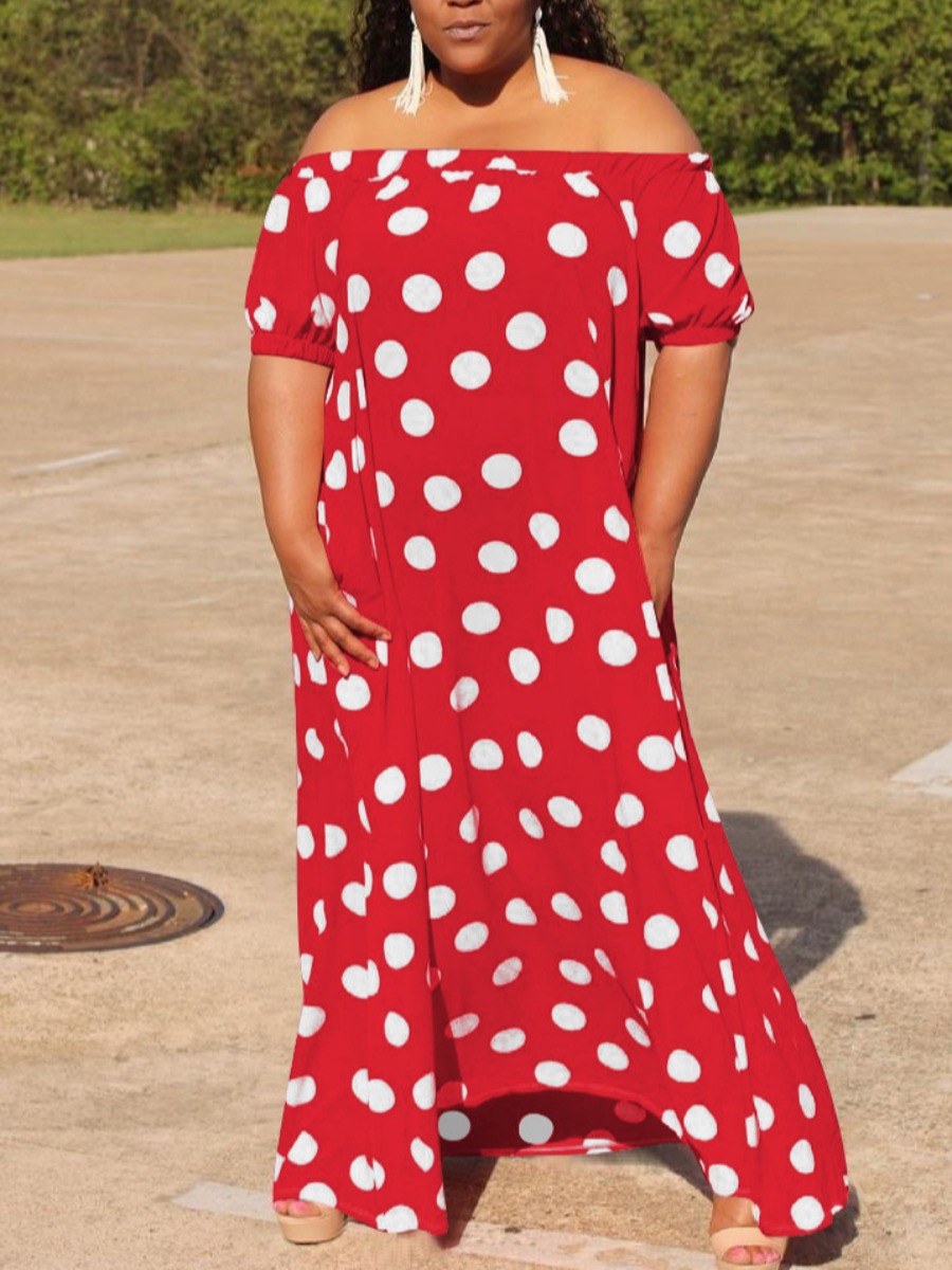 

Lovely Plus Size Boho Off The Shoulder Dot Print Red Ankle Length Dress