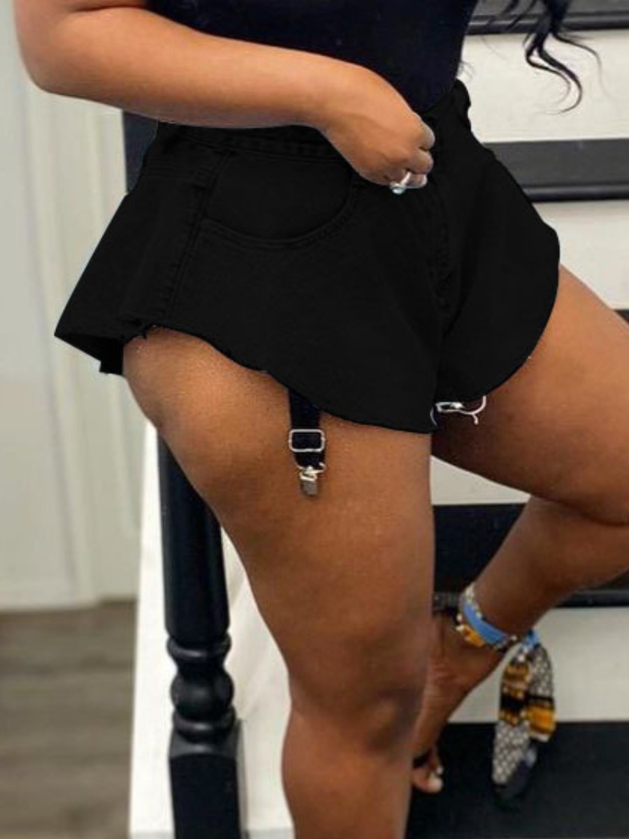 

Lovely Street Mid Waist Raw Edge Black Denim Shorts