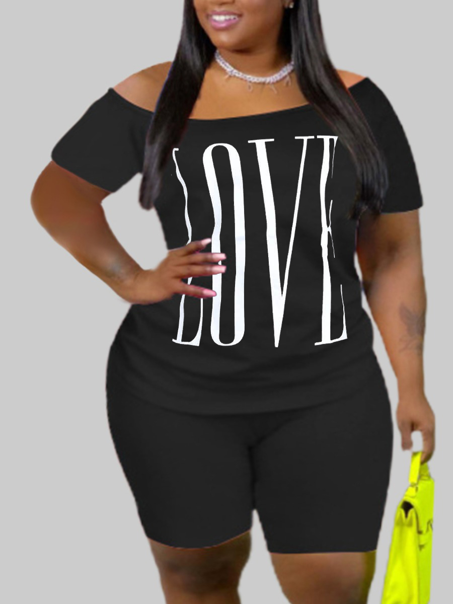 

Lovely Casual Boat Neck Letter Print Black Plus Size Two-piece Shorts Set