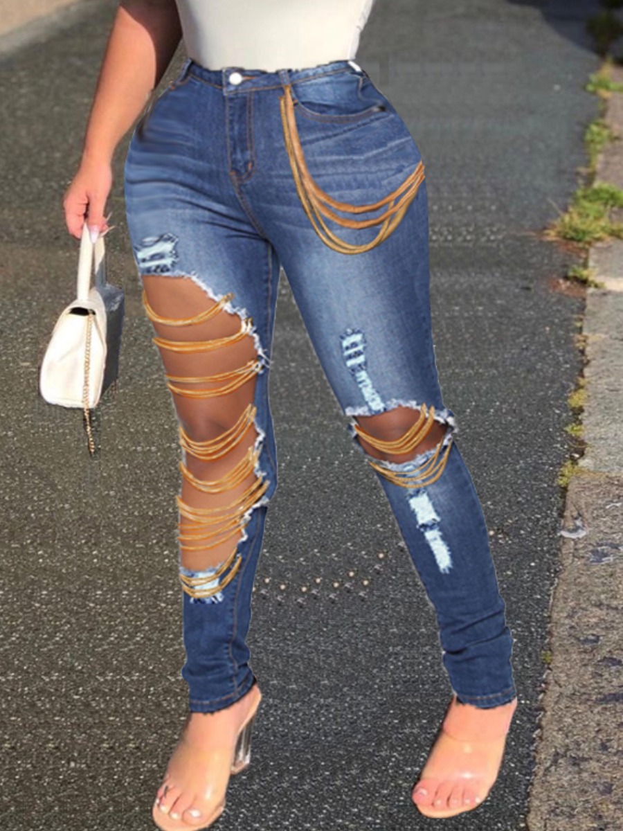 

Lovely Street Ripped Chain Decoration Deep Blue Jeans