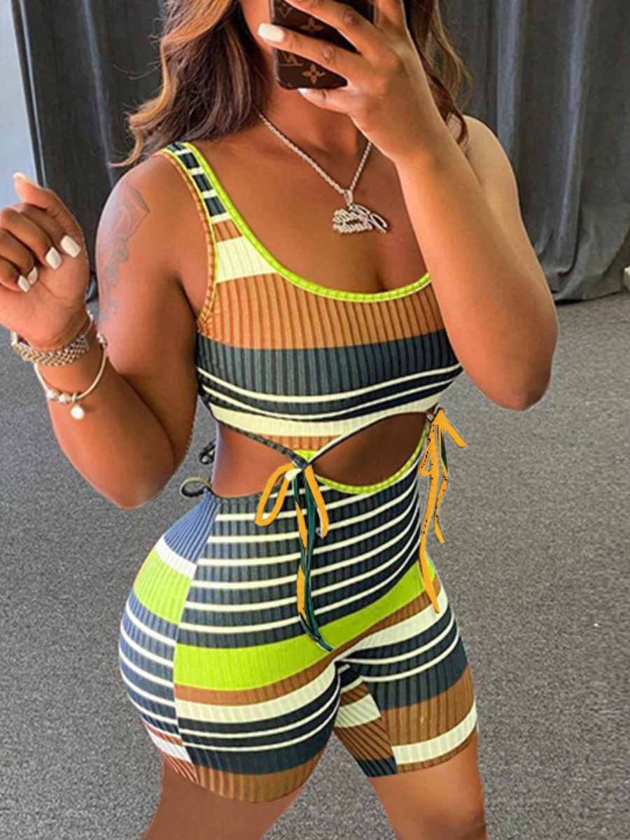 

LW Street Striped Bandage Hollow-out Design Brown One-piece Romper