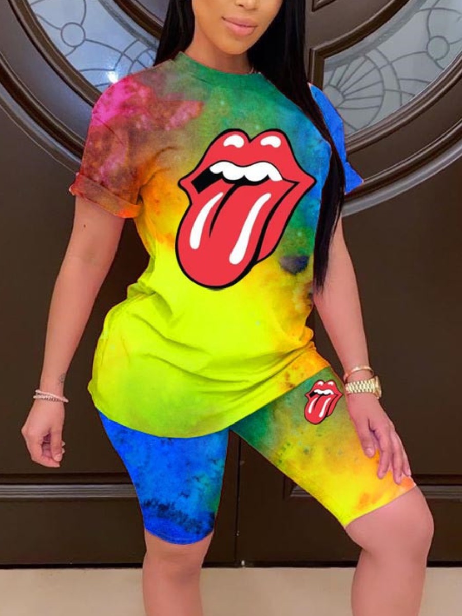 

Lovely Street Lip Print Tie-dye Yellow Two Piece Shorts Set