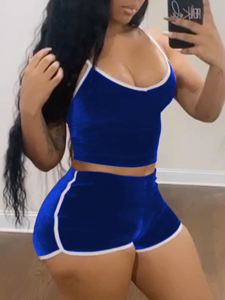 

Lovely Sporty Striped Basic Skinny Blue Two Piece Shorts Set