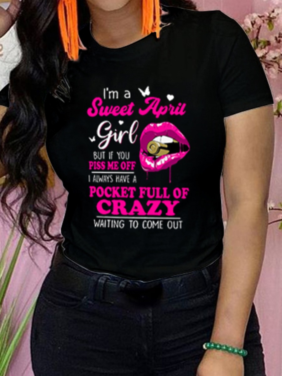 

Lovely Casual Lip Letter Print Black T-shirt