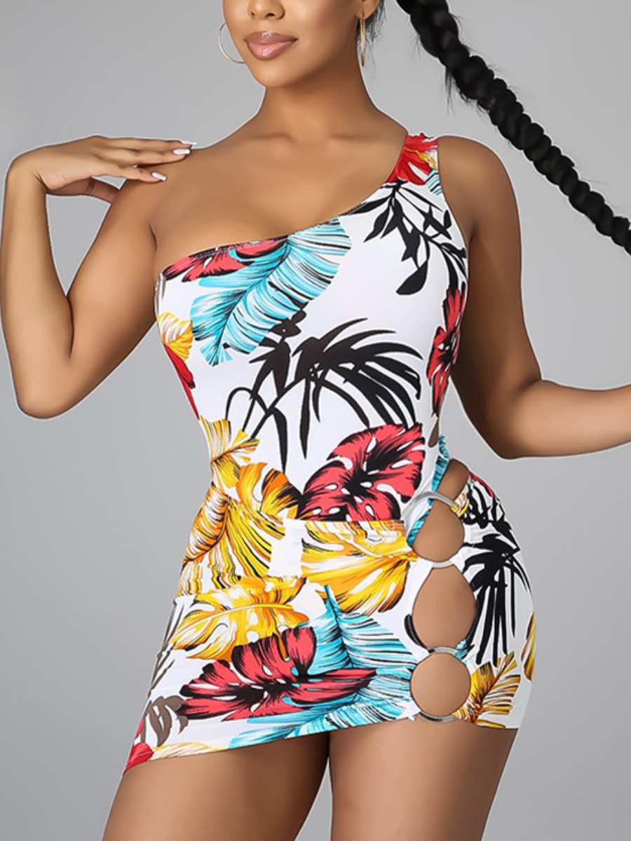 

LW Boho One Shoulder Floral Print Hollow-out White Two Piece Skirt Set