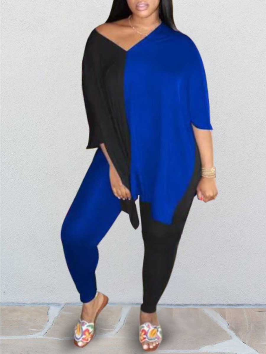 

Lovely Casual V Neck Color-lump Blue Plus Size Two-piece Pants Set