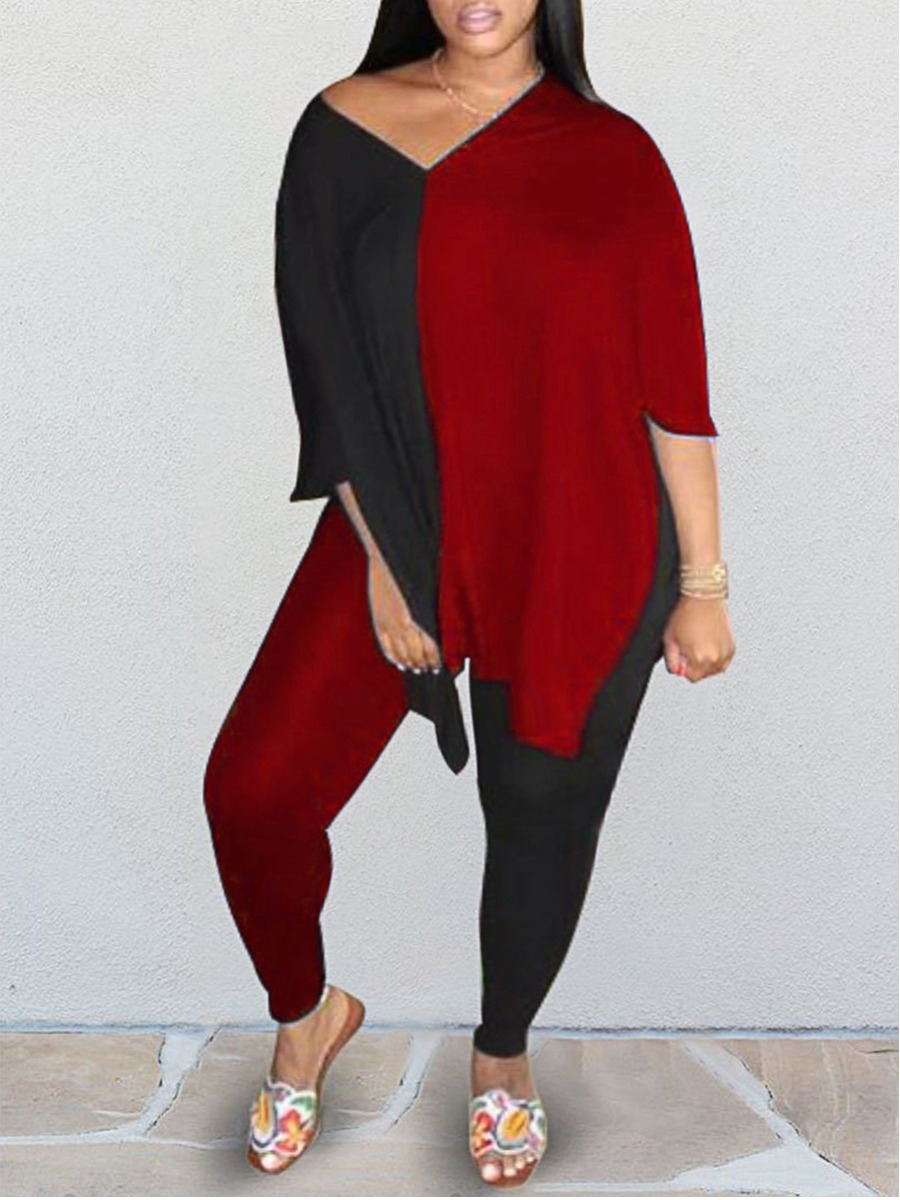 

Lovely Casual V Neck Color-lump Red Plus Size Two-piece Pants Set