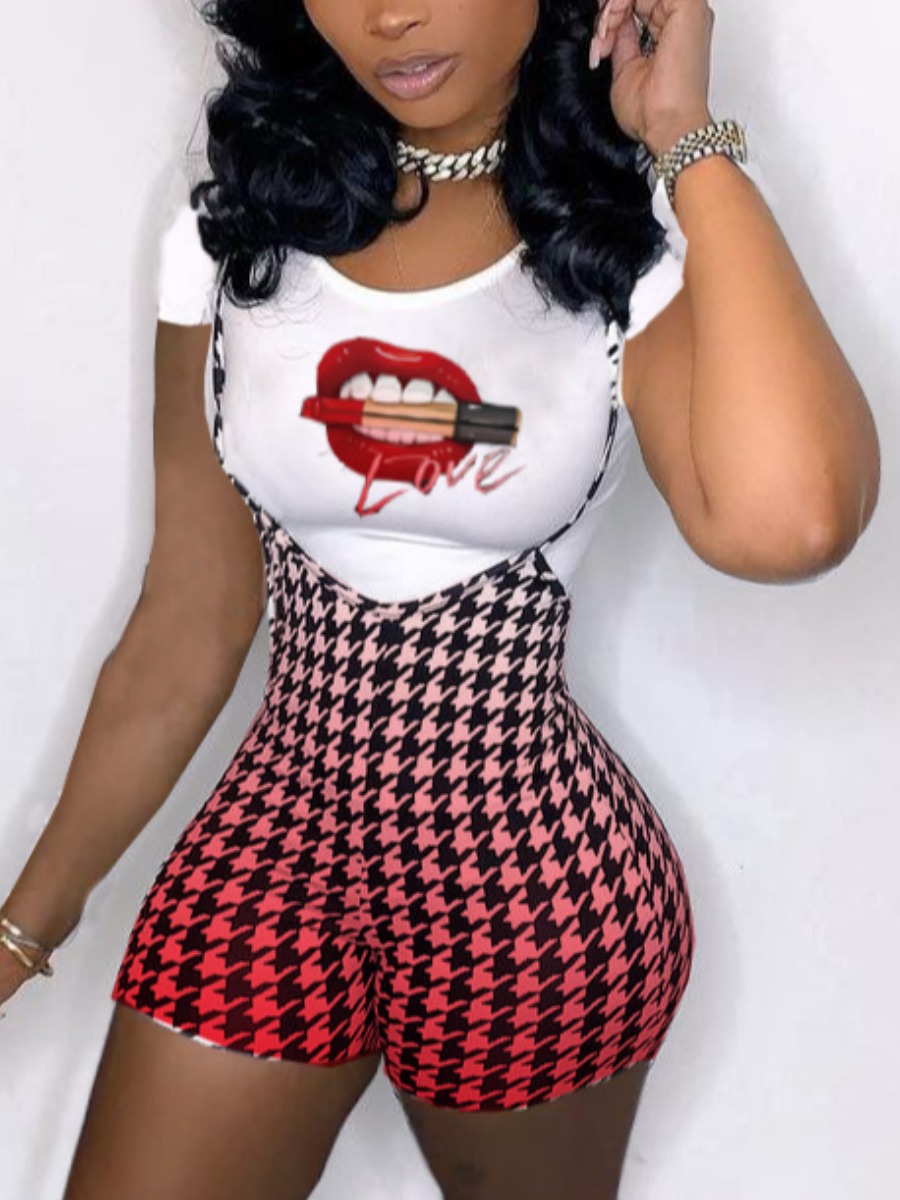 

Lovely Street Lip Print Overall Red Two Piece Shorts Set