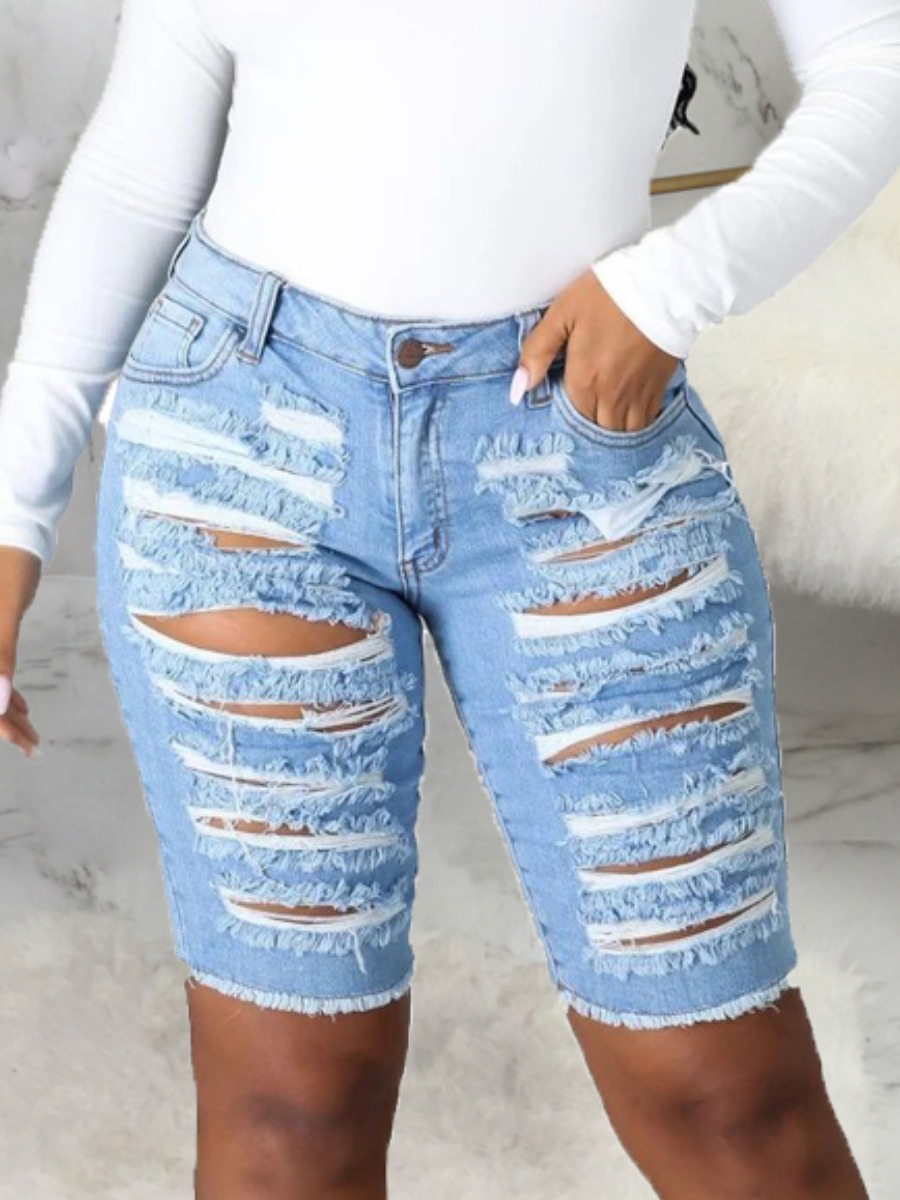 

Lovely Street High-waisted Ripped Baby Blue Denim Shorts