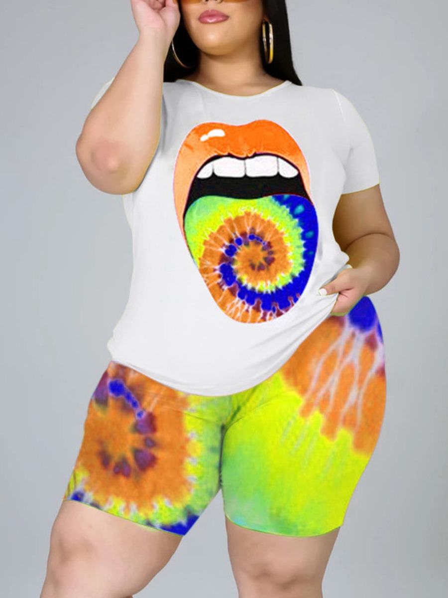 

Lovely Casual Lip Print Tie-dye Orange Plus Size Two-piece Shorts Set