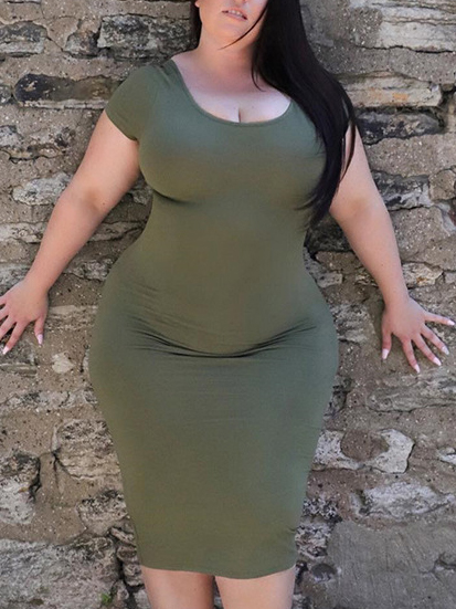 

Lovely Casual O Neck Skinny Army Green Mid Calf Plus Size Dress