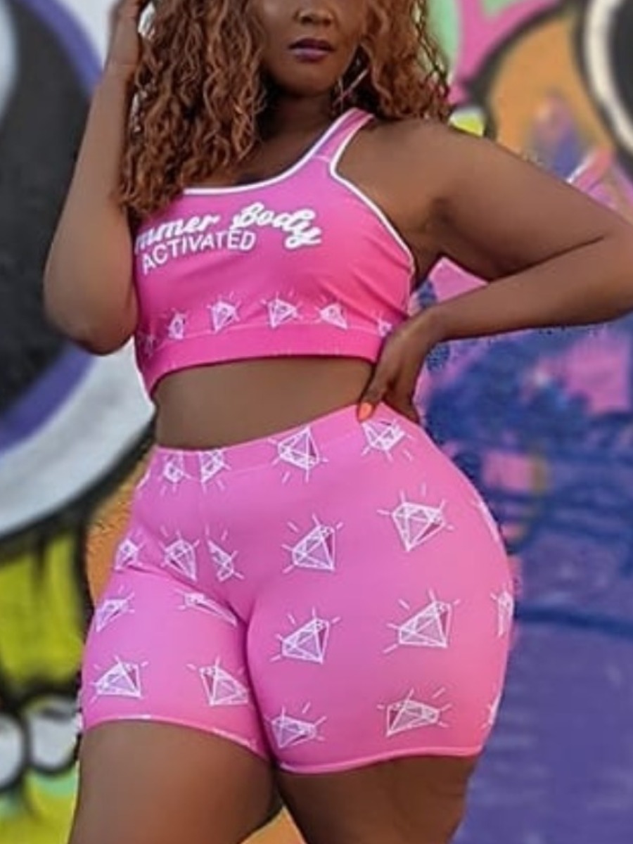 

Lovely Sporty U Neck Letter Print Pink Plus Size Two-piece Shorts Set