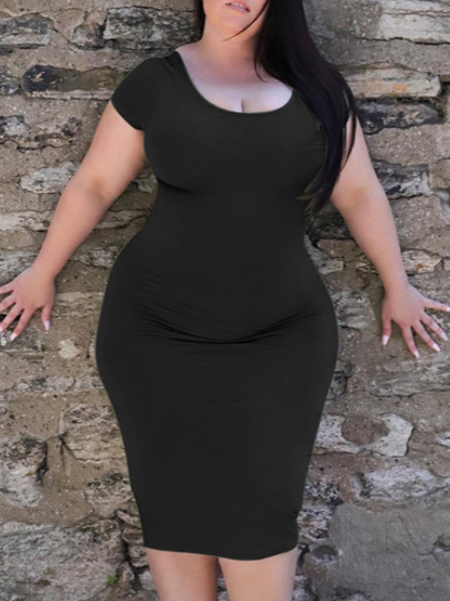 

Lovely Casual O Neck Skinny Black Mid Calf Plus Size Dress