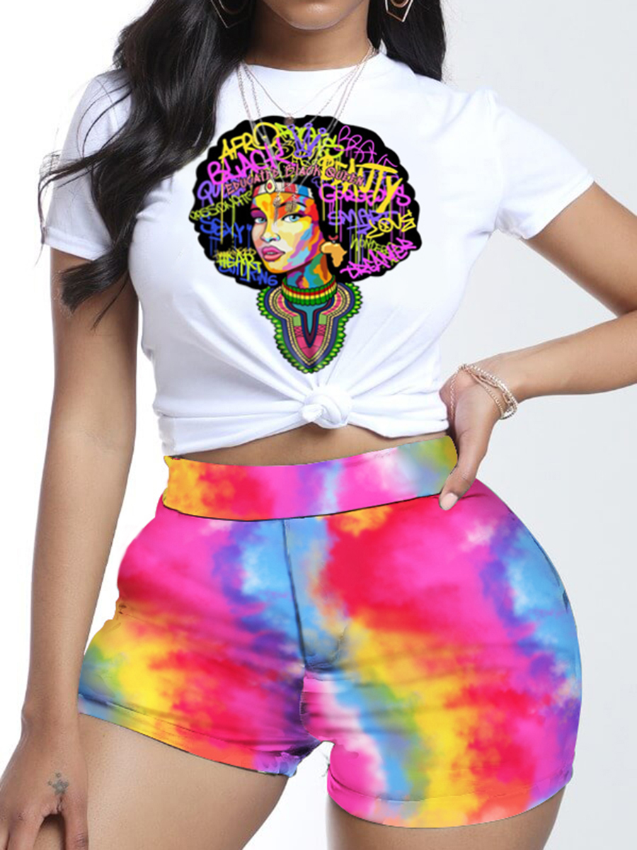 

Lovely Casual Graffiti Letter Print Tie Dye White Two Piece Shorts Set