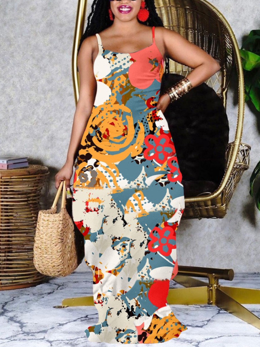 

LW BASICS Boho Graffiti Print Multicolor Floor Length Dress, Multi