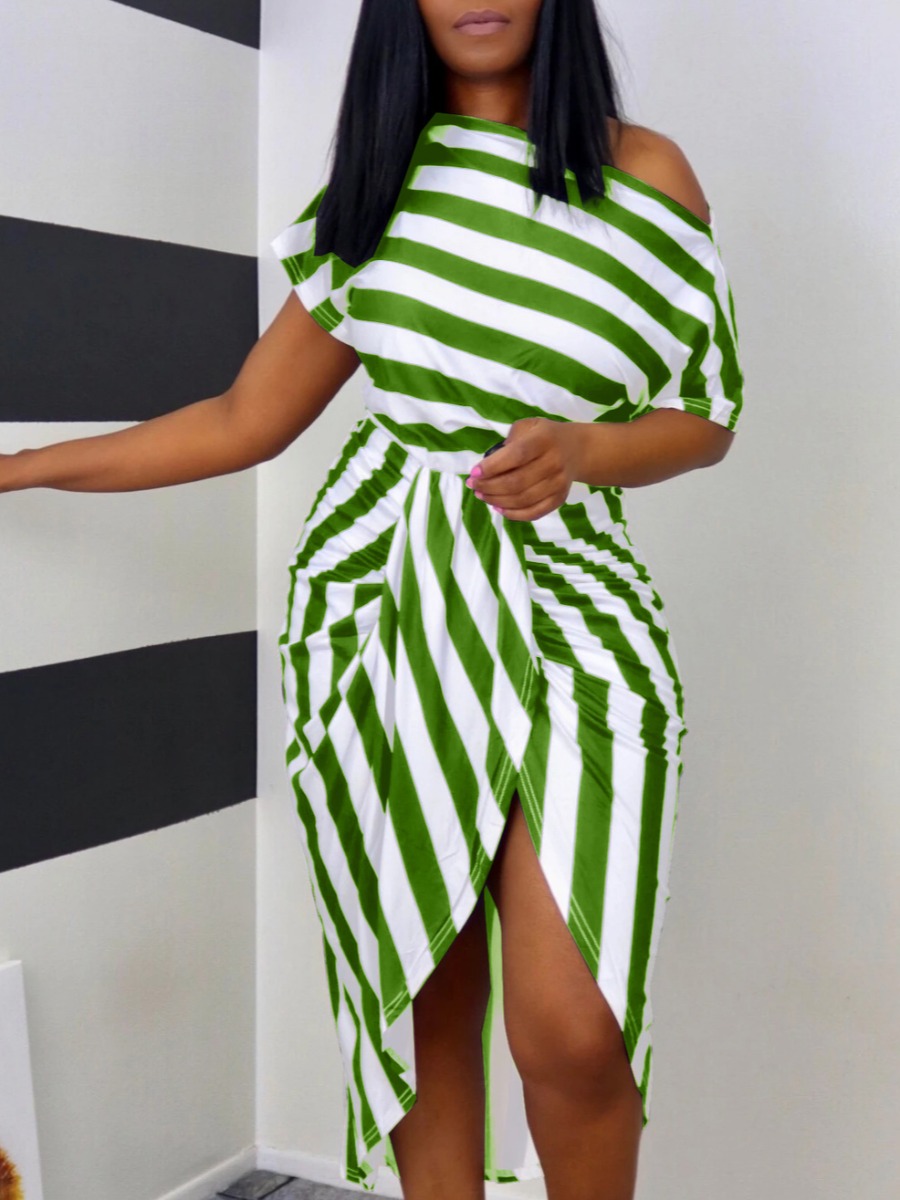 

LW Casual Boat Neck Striped Fold Design Green Mid Calf Dress